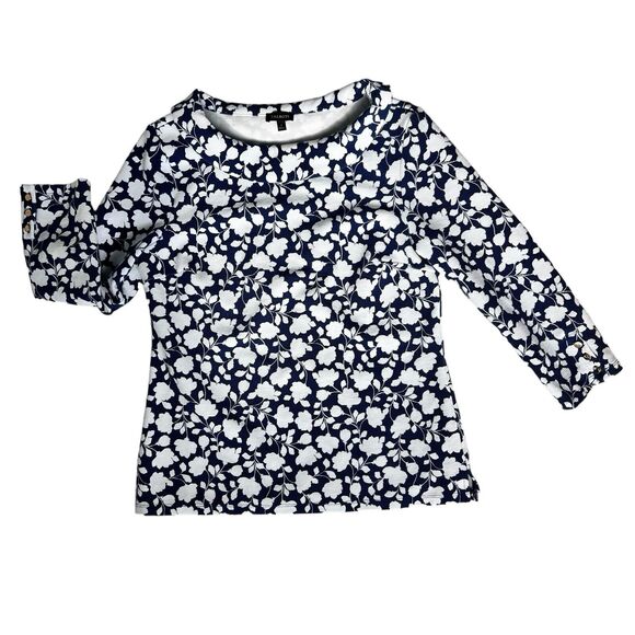 Talbots Navy Blue White Floral Top Women's Small Knit Blouse Cottagecore Flowers - Picture 9 of 14